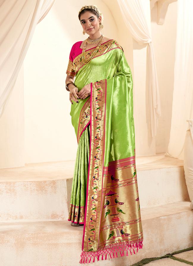 Tissue Silk Parrot Green Traditional Wear Paithani Saree